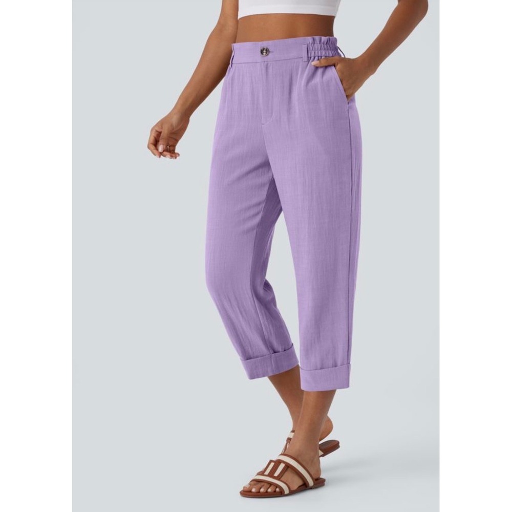NWT Halara Linen-Feel High Waisted Capri Cropped Pants Purple Lavender Large